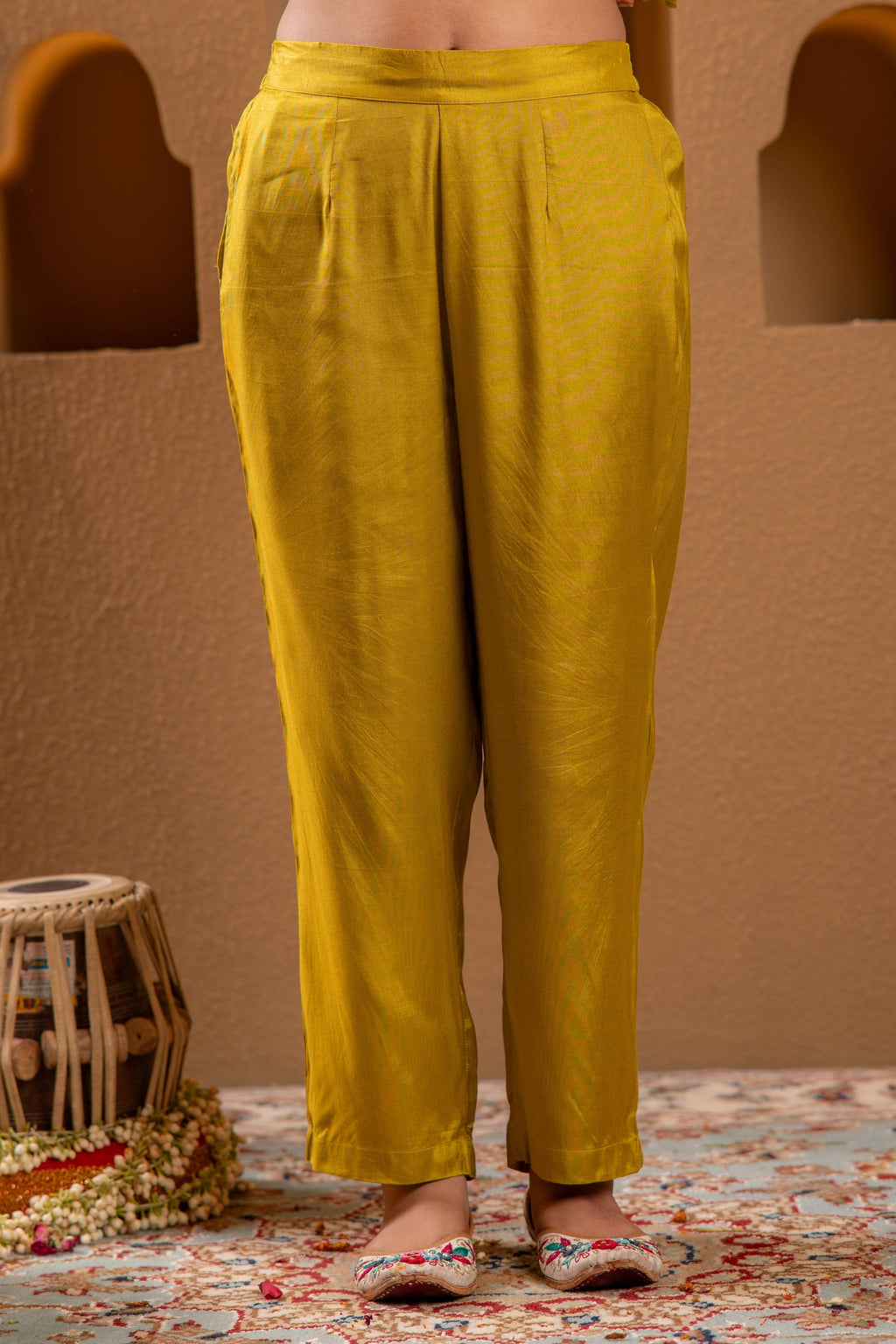 Juniper Mustard Viscose Flared Kurta With Pants & Dupatta Set With Thread & Zari Work | Grocsy