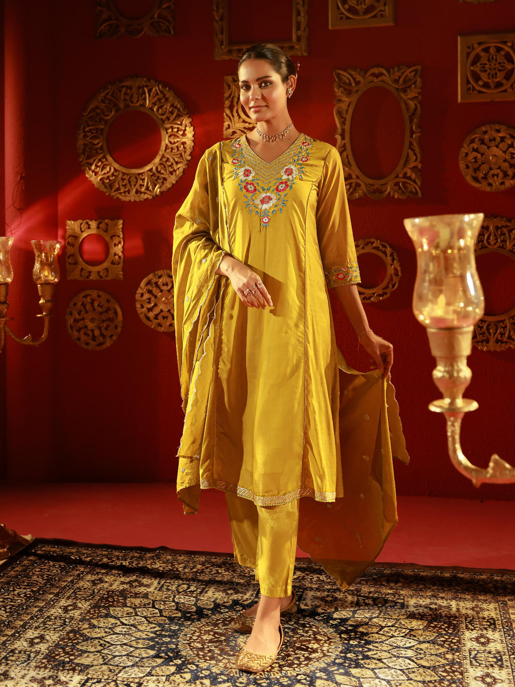 Juniper Mustard Viscose Flared Kurta With Pants & Dupatta Set With Thread & Zari Work | Grocsy