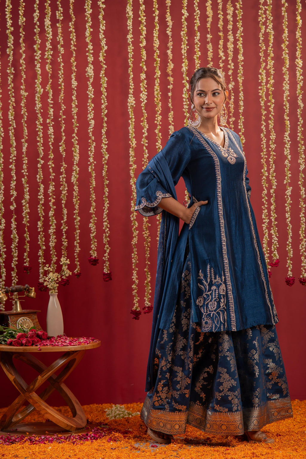 Juniper Regal Navy Blue Embroidered Set With Dupatta | Grocsy