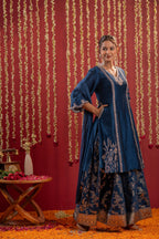 Juniper Regal Navy Blue Embroidered Set With Dupatta | Grocsy