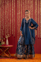 Juniper Regal Navy Blue Embroidered Set With Dupatta | Grocsy
