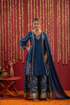 Juniper Regal Navy Blue Embroidered Set With Dupatta | Grocsy