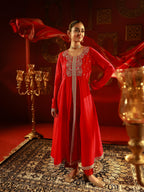 Juniper Red Man Made Fiber Flared Anarkali Kurta Pant And Dupatta Set With Zari, Mirror, Thread & Sequin Work | Grocsy