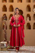 Juniper Red Man Made Fiber Flared Anarkali Kurta Pant And Dupatta Set With Zari, Mirror, Thread & Sequin Work | Grocsy