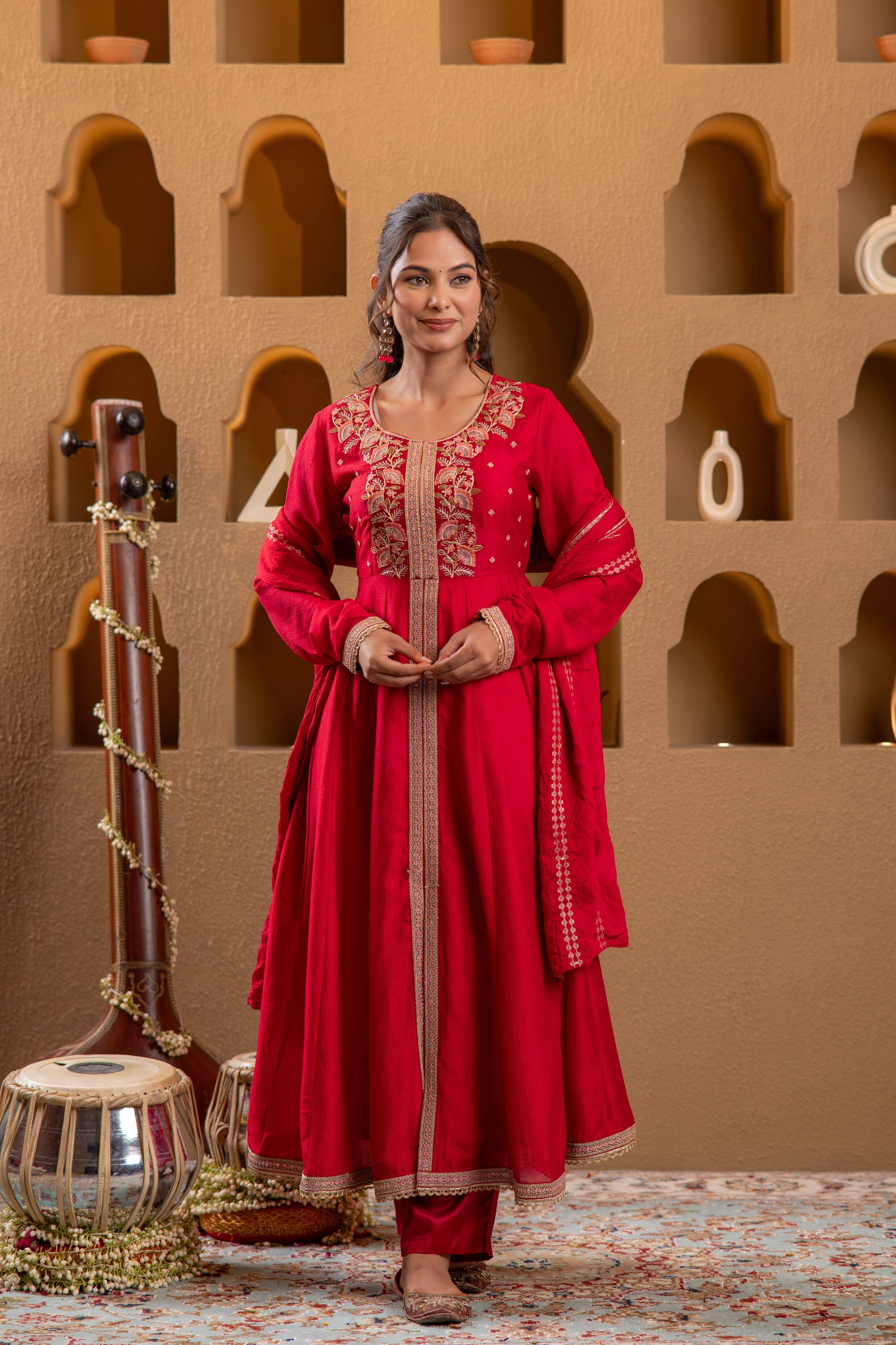 Juniper Red Man Made Fiber Flared Anarkali Kurta Pant And Dupatta Set With Zari, Mirror, Thread & Sequin Work | Grocsy