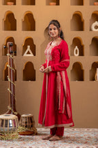 Juniper Red Man Made Fiber Flared Anarkali Kurta Pant And Dupatta Set With Zari, Mirror, Thread & Sequin Work | Grocsy