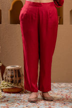 Juniper Red Man Made Fiber Flared Anarkali Kurta Pant And Dupatta Set With Zari, Mirror, Thread & Sequin Work | Grocsy