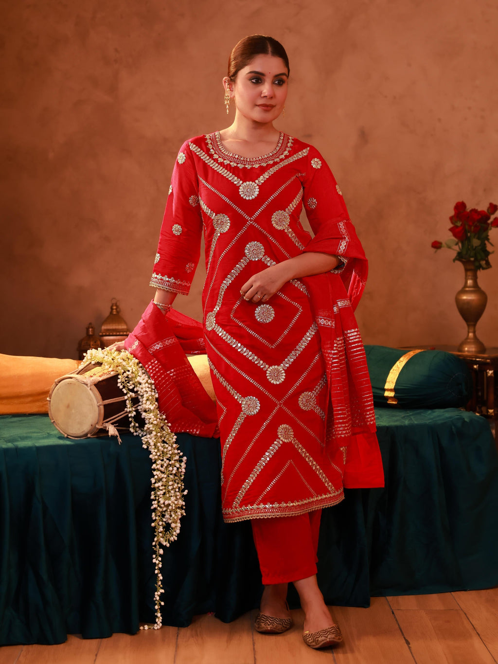 Juniper Magenta Viscose Straight Kurta Pant And Dupatta Set With Gota Patti & Sequence Work | Grocsy