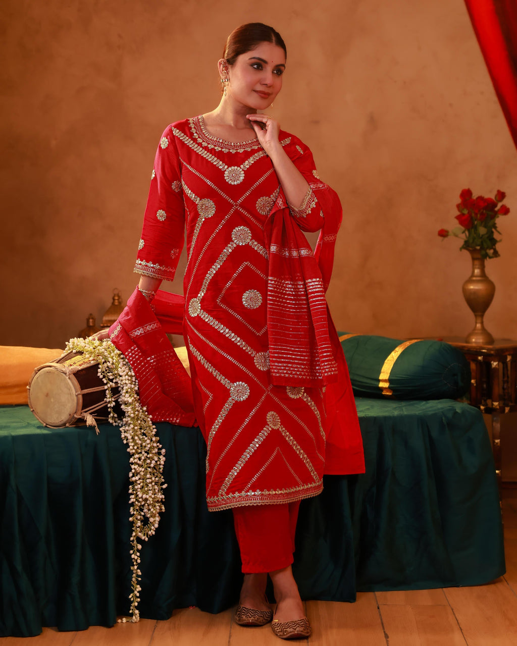 Juniper Magenta Viscose Straight Kurta Pant And Dupatta Set With Gota Patti & Sequence Work | Grocsy