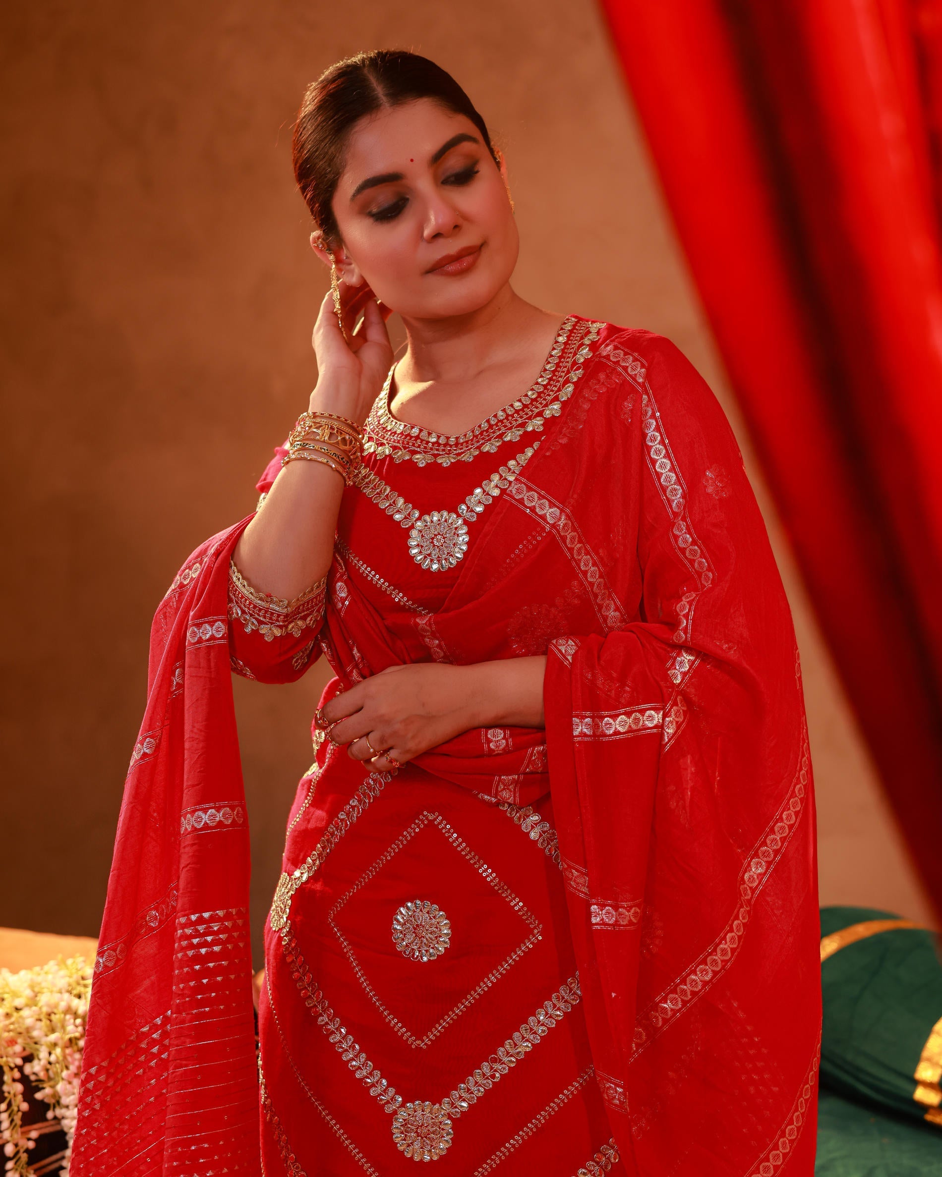 Juniper Magenta Viscose Straight Kurta Pant And Dupatta Set With Gota Patti & Sequence Work | Grocsy