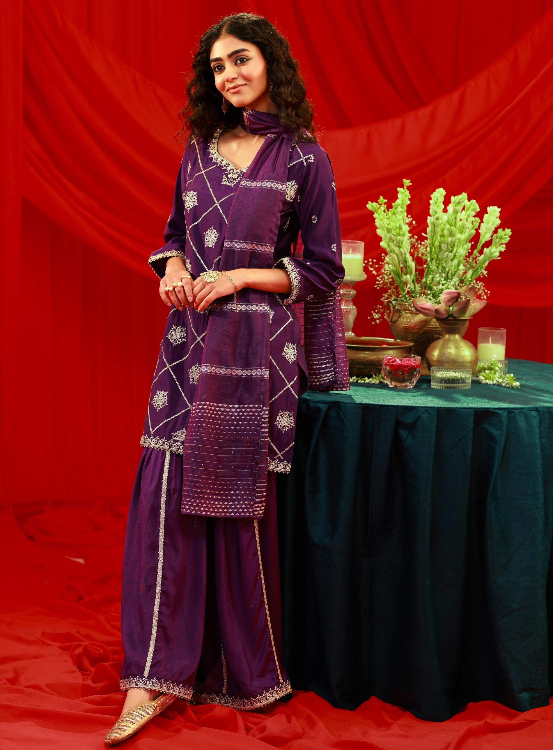 Juniper Violet Viscose A-Line Kurta Pant And Dupatta Set With Zari, Mirror, Beads & Sequence Work | Grocsy
