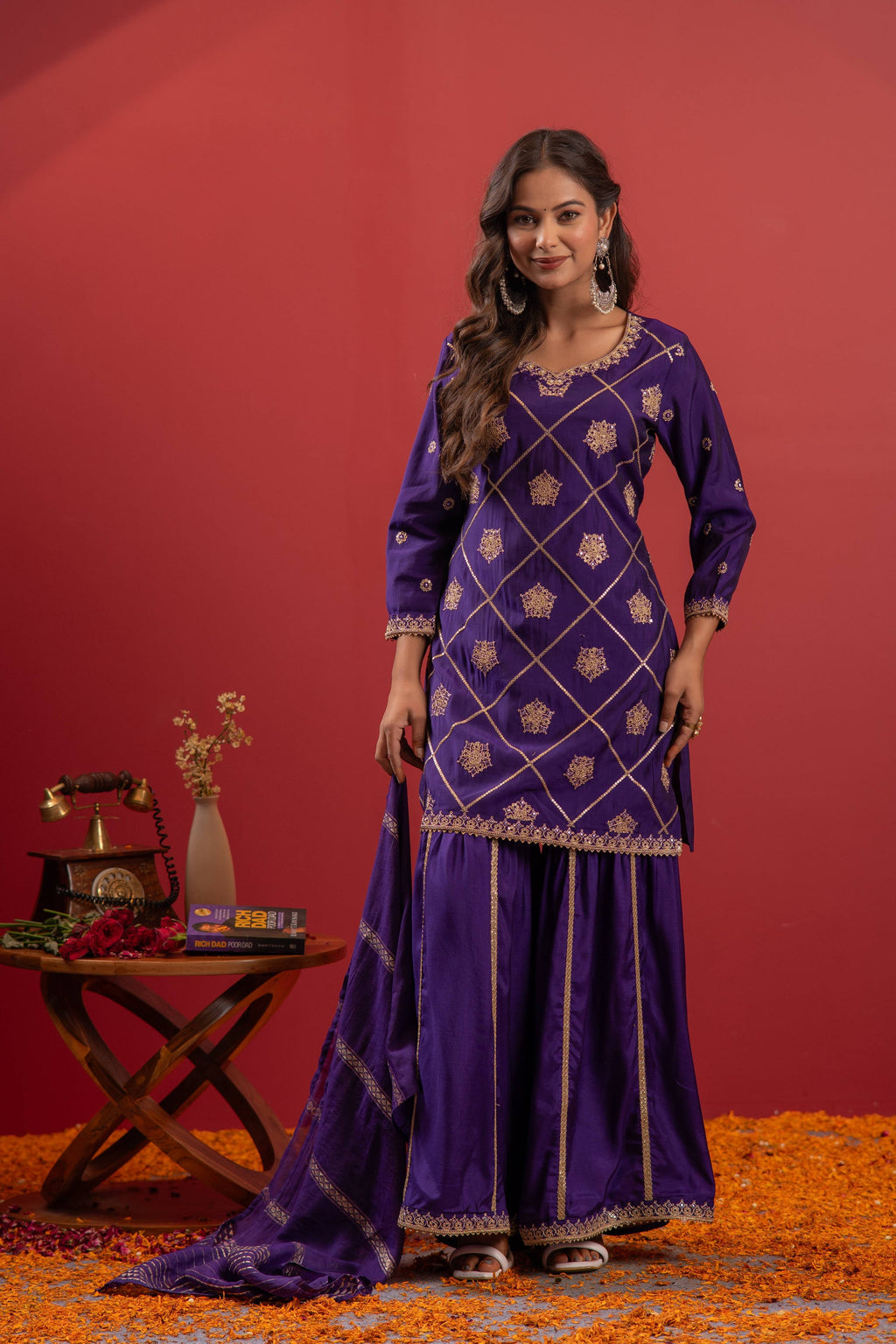 Juniper Violet Viscose A-Line Kurta Pant And Dupatta Set With Zari, Mirror, Beads & Sequence Work | Grocsy