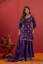 Juniper Violet Viscose A-Line Kurta Pant And Dupatta Set With Zari, Mirror, Beads & Sequence Work | Grocsy