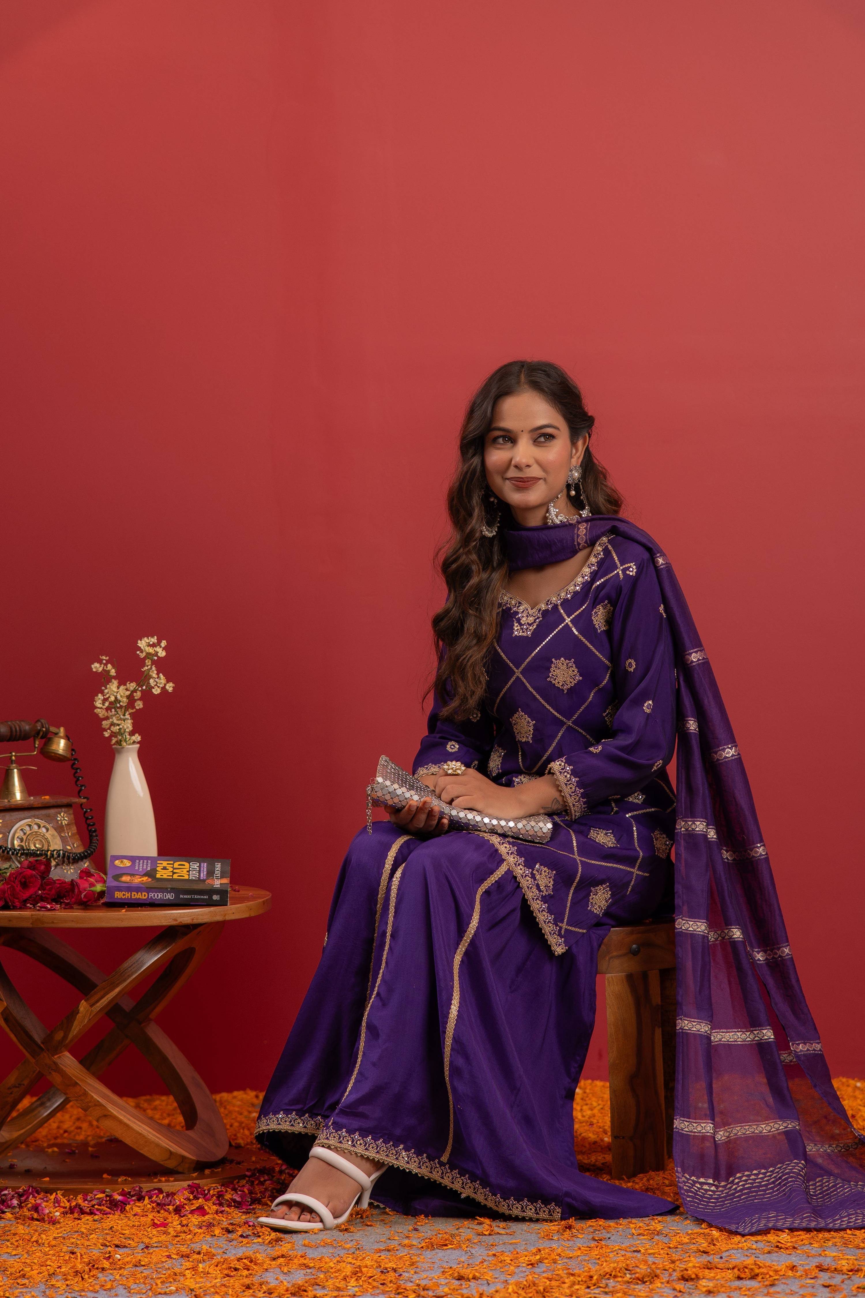 Juniper Violet Viscose A-Line Kurta Pant And Dupatta Set With Zari, Mirror, Beads & Sequence Work | Grocsy