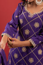 Juniper Violet Viscose A-Line Kurta Pant And Dupatta Set With Zari, Mirror, Beads & Sequence Work | Grocsy