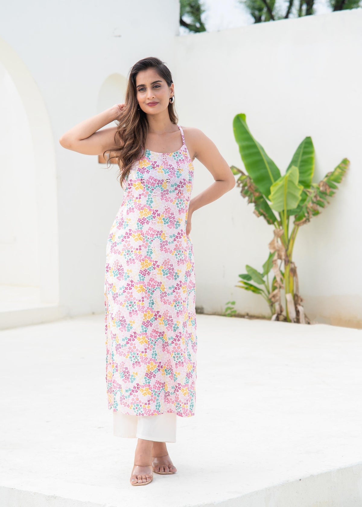 Juniper Pink Floral Printed Sleeveless Cotton Kurta | Grocsy