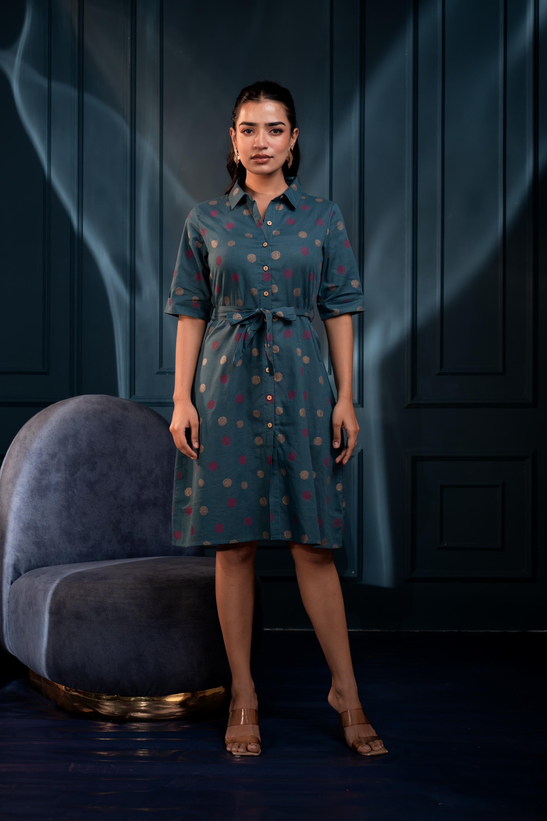Juniper Teal Polka Dot Button Down Viscose Mini Shirt Dress With Belt | Grocsy