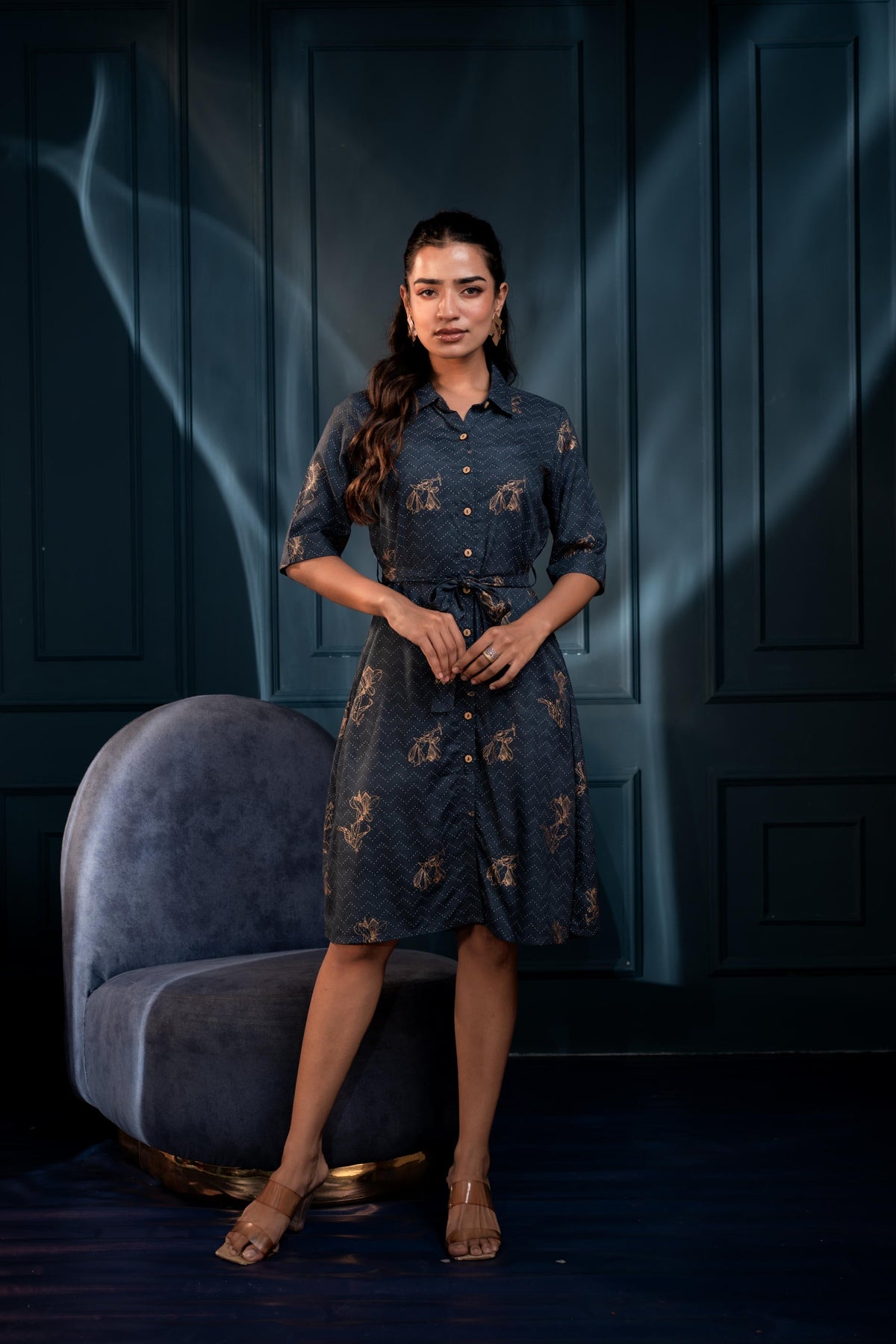 Juniper Teal Zig Zag Print Button Down Cotton Shirt Dress With Belt | Grocsy