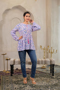 Juniper Baby Pink & Blue Floral Printed Viscose Gathread Tunic With Dori Tie | Grocsy