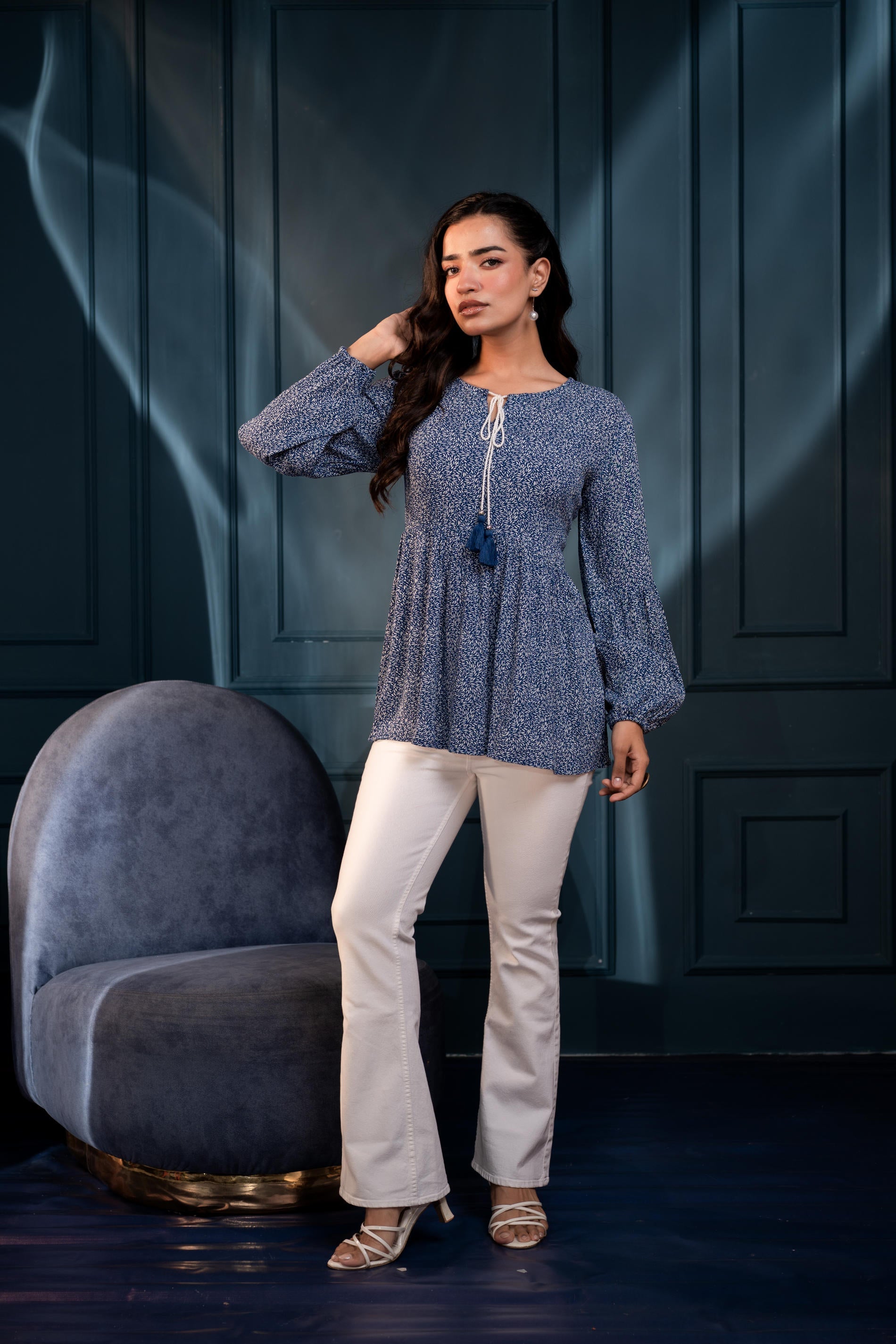 Juniper Blue Floral Printed Viscose Gathread Tunic With Dori Tie | Grocsy