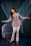 Juniper Purple Floral Printed Viscose Gathread Tunic With Dori Tie | Grocsy