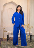 Juniper Royal Blue Viscose Co-Ord Set – Shirt & Palazzo With Parsley Waistband | Grocsy