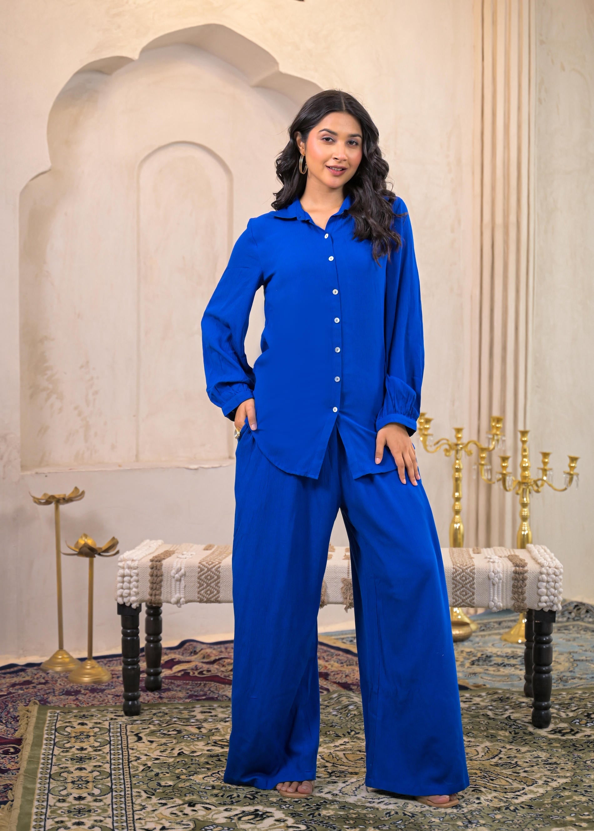 Juniper Royal Blue Viscose Co-Ord Set – Shirt & Palazzo With Parsley Waistband | Grocsy