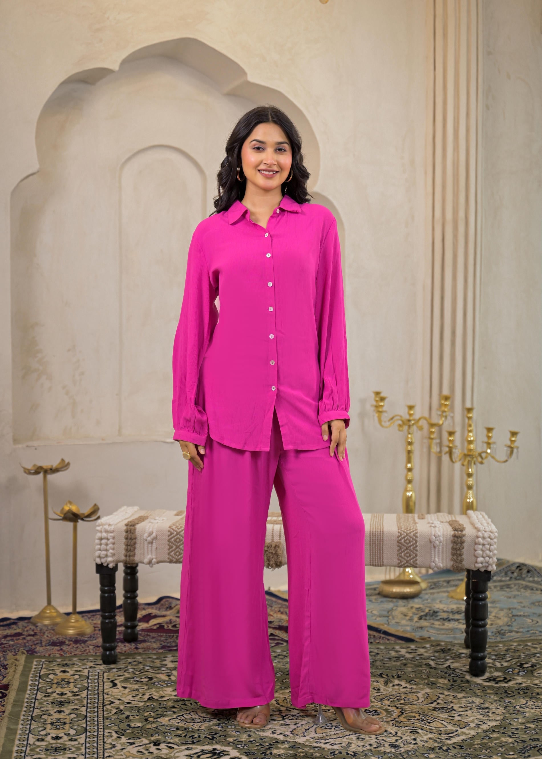 Juniper Pink Viscose Co-Ord Set – Shirt & Palazzo With Parsley Waistband | Grocsy
