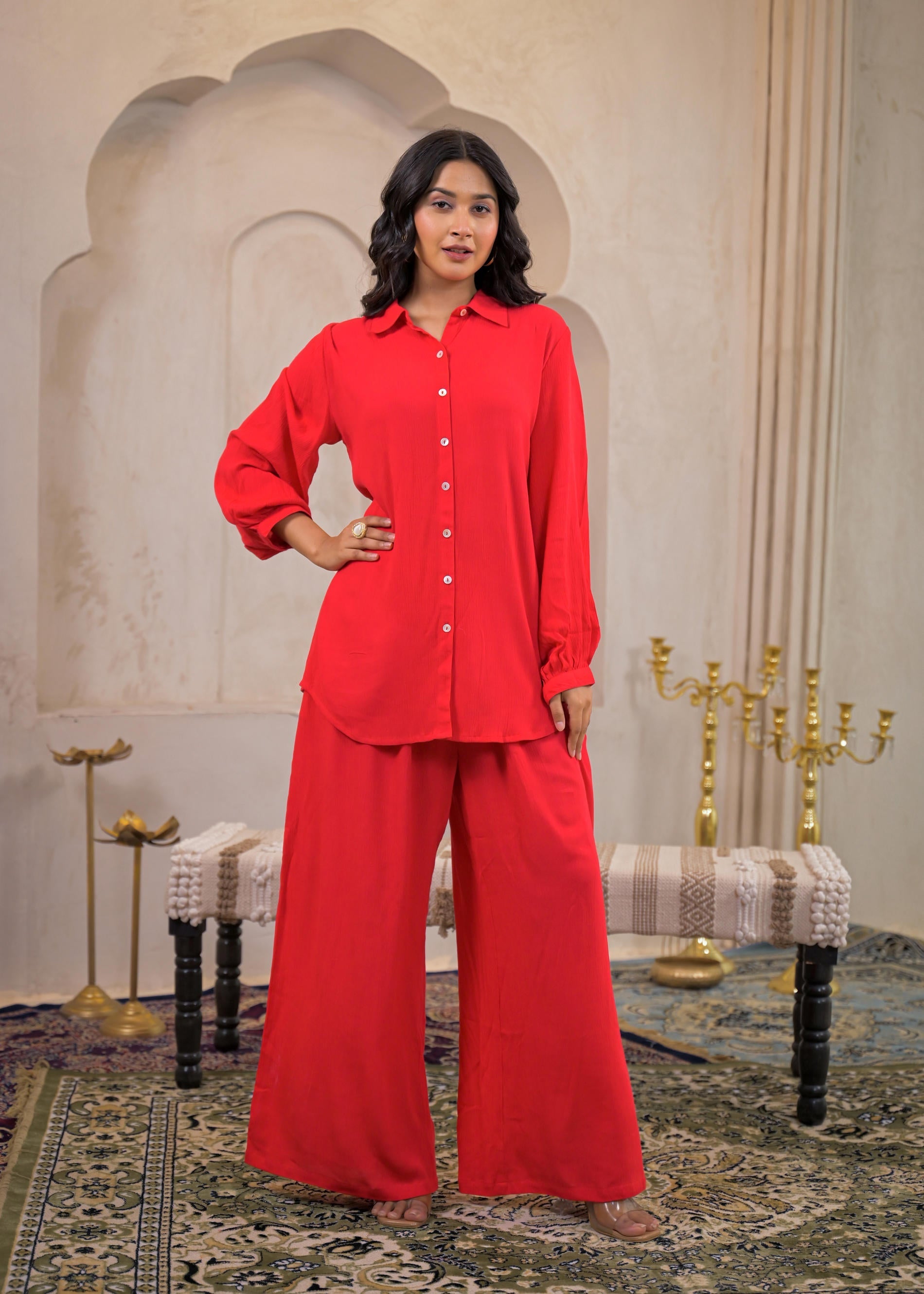 Juniper Red Viscose Co-Ord Set – Shirt & Palazzo With Parsley Waistband | Grocsy