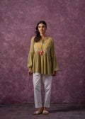 Juniper Women'S Green, Mustard & White Embroidered Viscose Tunic With Dori And Tassels | Grocsy