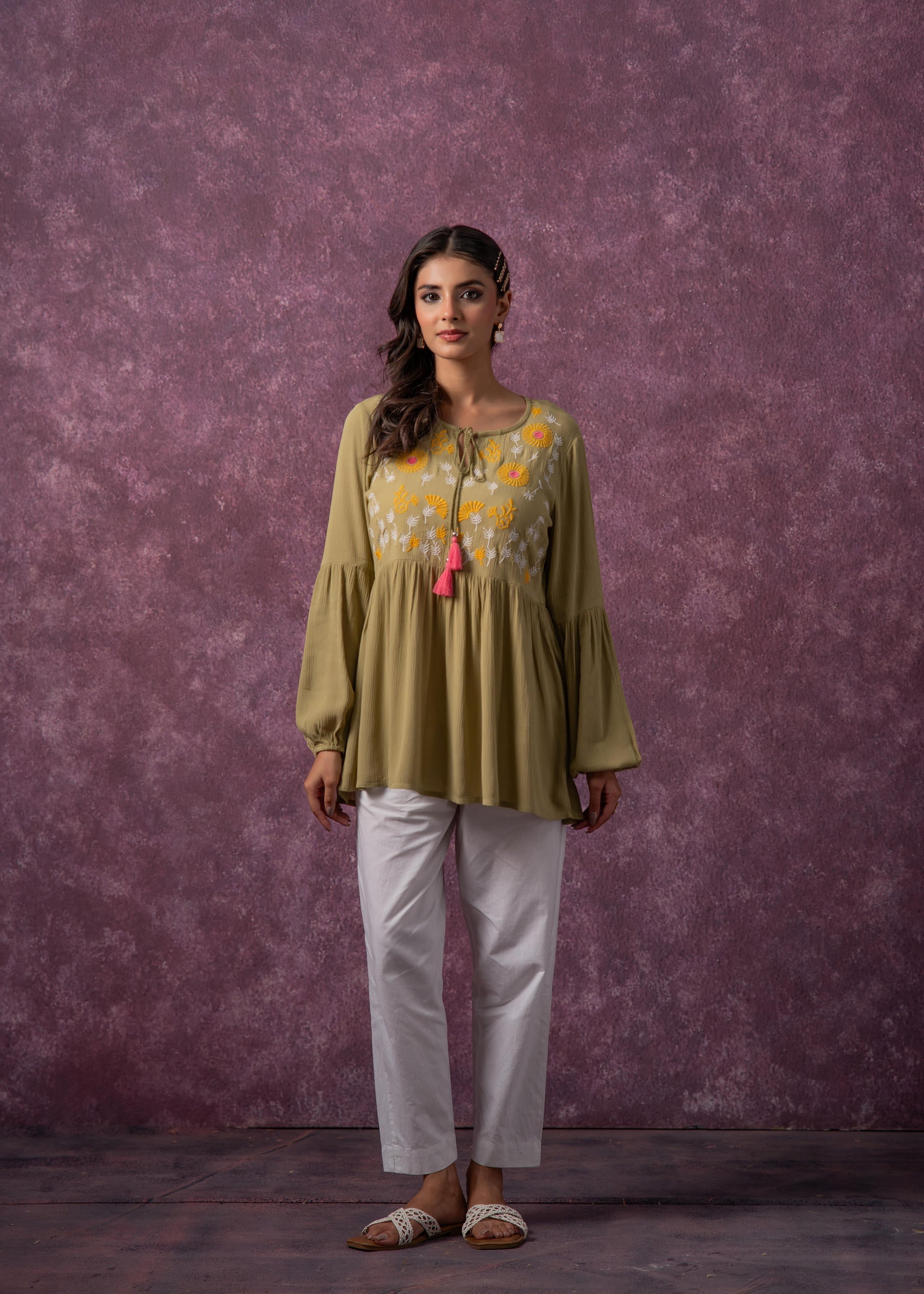 Juniper Women'S Green, Mustard & White Embroidered Viscose Tunic With Dori And Tassels | Grocsy