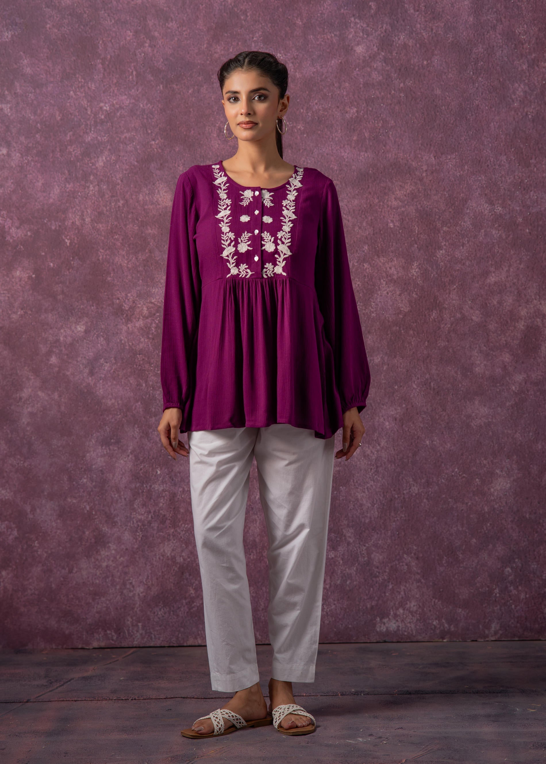 Juniper Women'S Mint & White Embroidered Viscose Tunic With Thread Work And Buttons | Grocsy