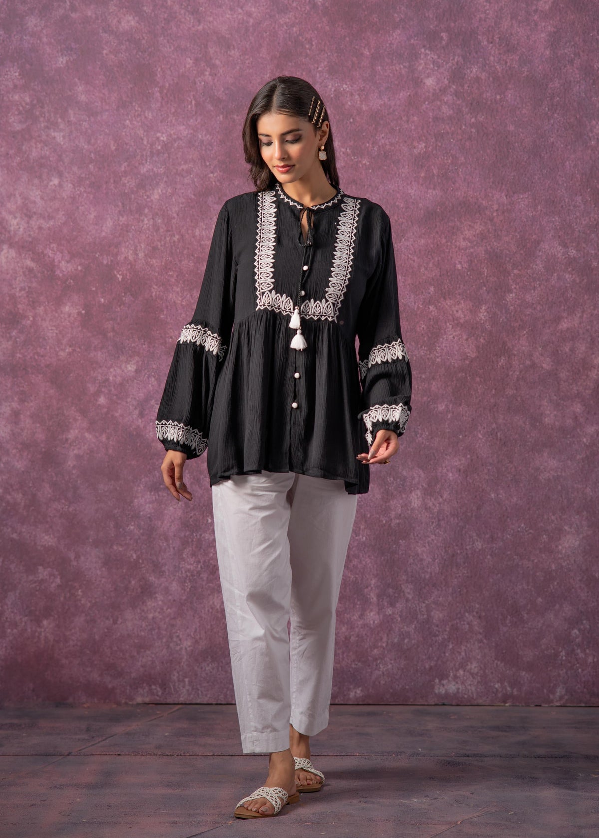 Juniper Women'S Black & White Embroidered Viscose Tunic With Thread Work, Buttons & Tassels | Grocsy
