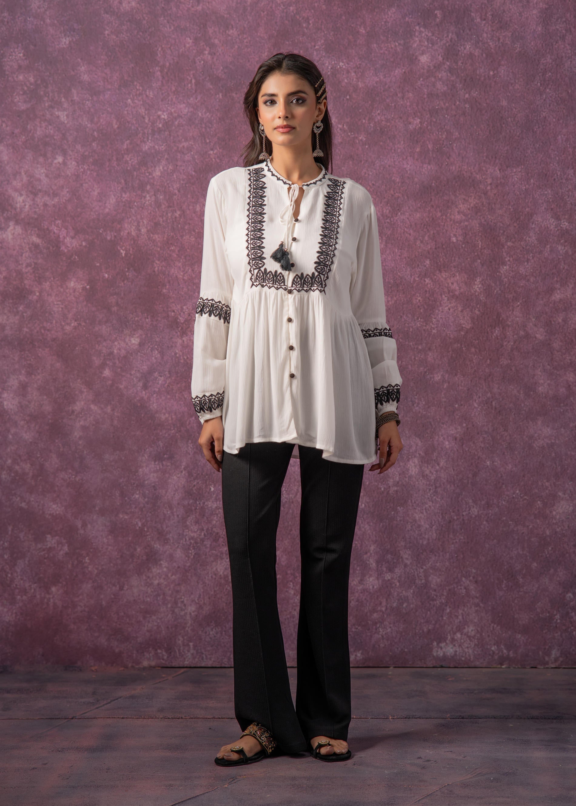 Juniper Women'S White Embroidered Viscose Tunic With Thread Work, Buttons & Tassels | Grocsy