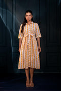 Juniper Yellow Floral Cotton Shirt Dress With Belt – Gathread Waist & Mirror Work | Grocsy