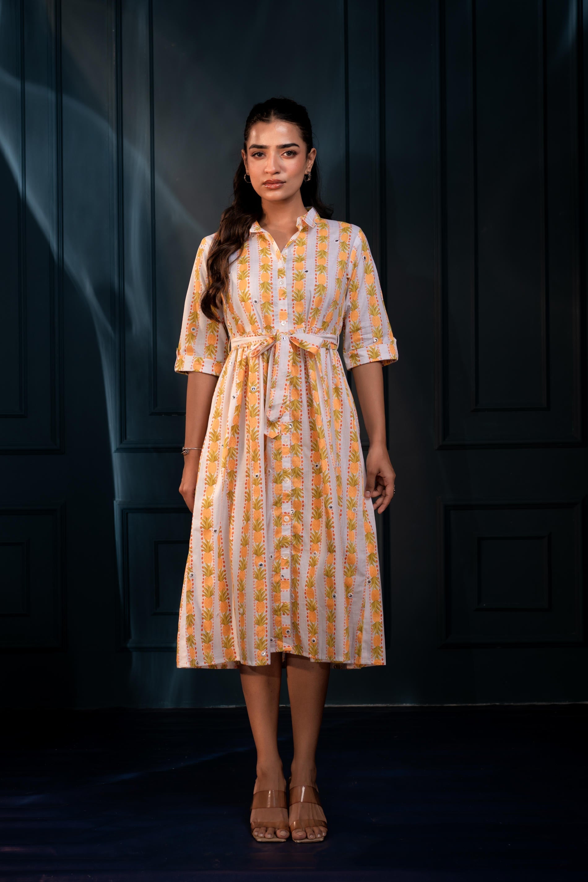 Juniper Yellow Floral Cotton Shirt Dress With Belt – Gathread Waist & Mirror Work | Grocsy