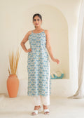 Juniper Sky Blue & White Floral Printed Cotton Kurta | Grocsy