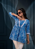 Juniper Blue & White Floral Printed Viscose Tunic With Lace & Dori Tie | Grocsy