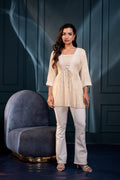 Juniper Off-White & Mustard Floral Printed Viscose Tunic With Lace & Dori Tie | Grocsy