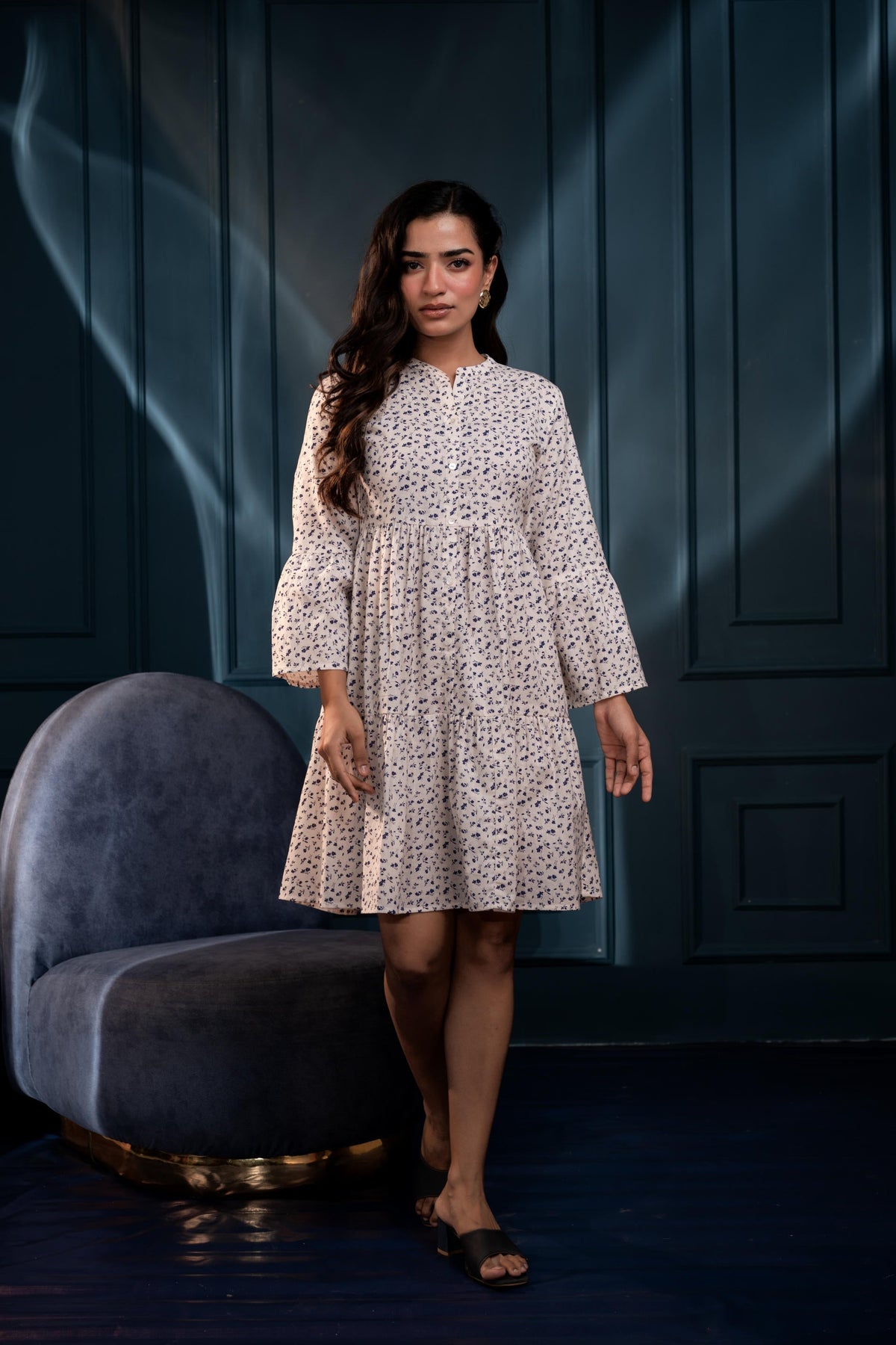 Juniper Off-White & Blue Floral Cotton Tiered Dress | Grocsy
