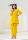 Juniper Mustard Embroidered Cotton Kurta-Pant Co-Ord Set With Mirror & Thread Work, | Grocsy