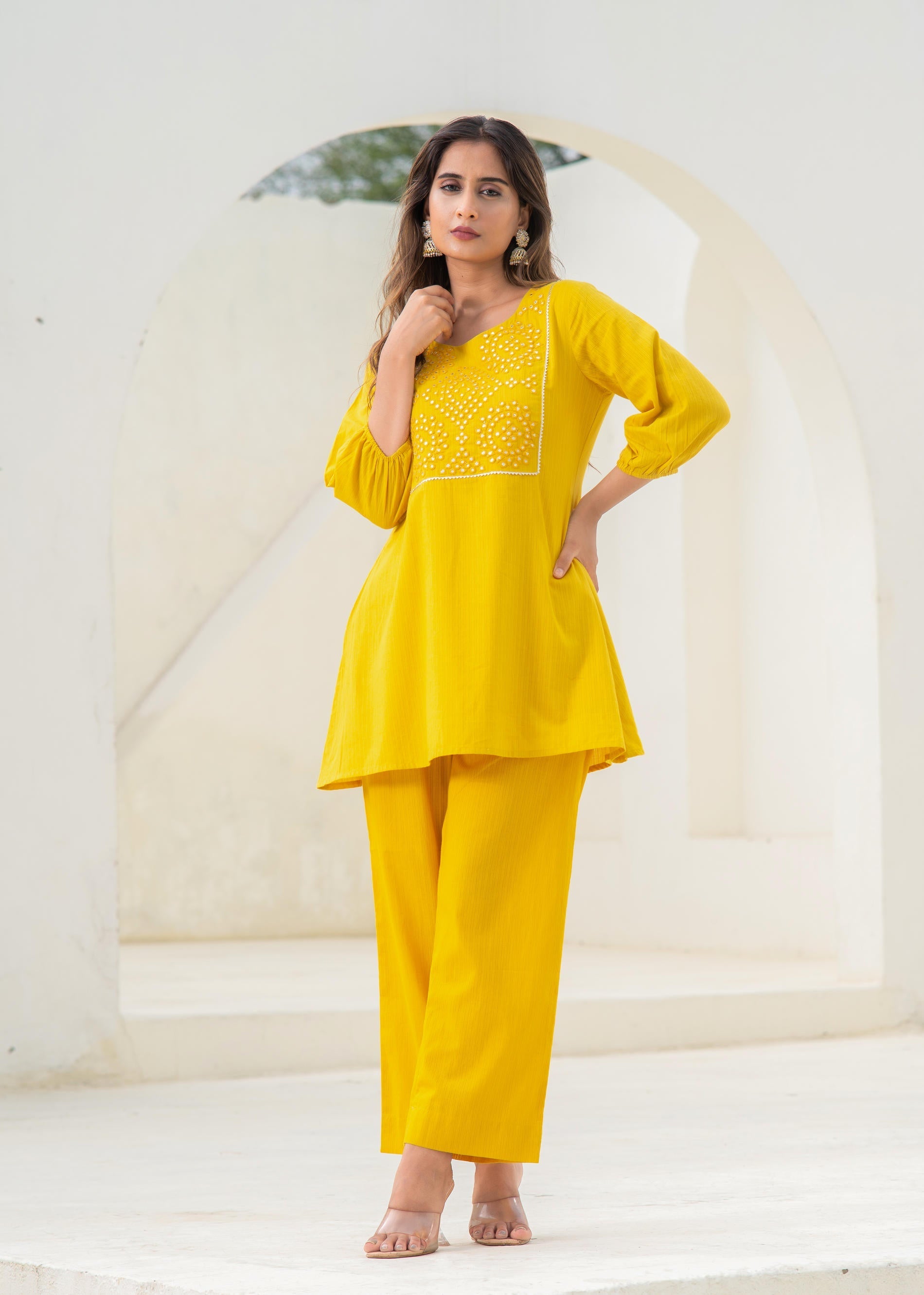 Juniper Mustard Embroidered Cotton Kurta-Pant Co-Ord Set With Mirror & Thread Work, | Grocsy