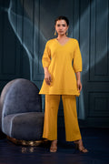Juniper Women'S Mustard Striped Cotton Kurta & Pants Co-Ord Set With Zari Work | Grocsy