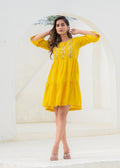 Juniper Mustard Embroidered Cotton Tiered Dress – Mirror & Thread Work | Grocsy