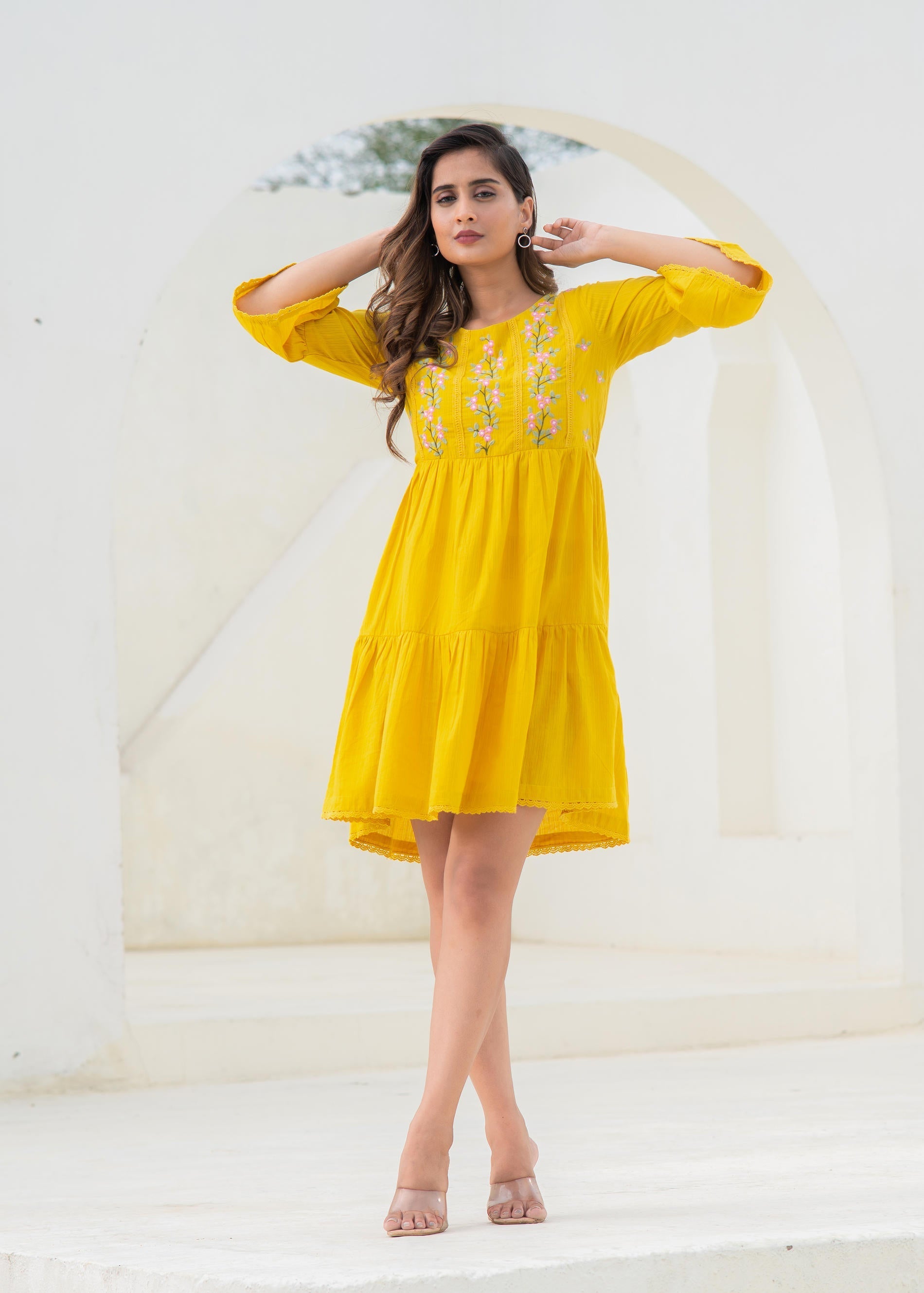 Juniper Mustard Embroidered Cotton Tiered Dress – Mirror & Thread Work | Grocsy