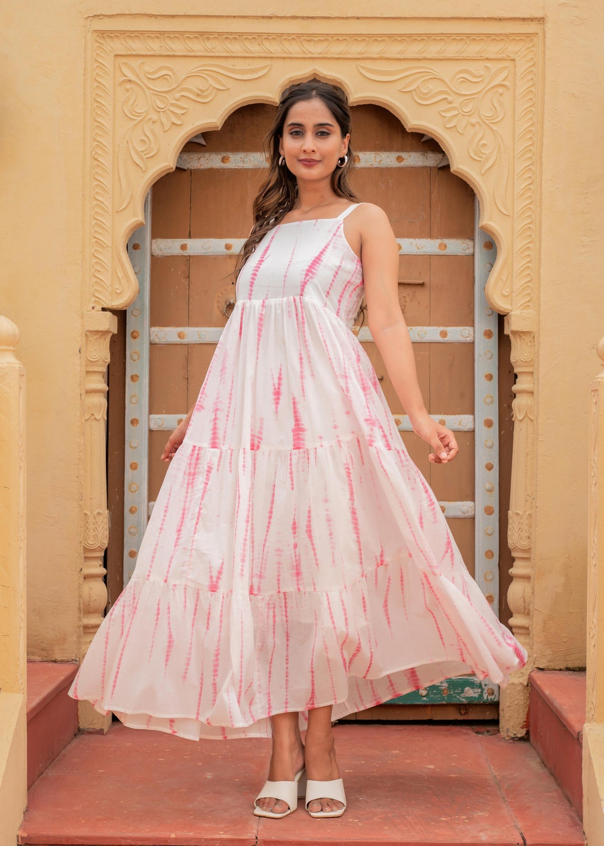 Juniper Women'S Pink & White Tie-Dye Tiered Cotton Long Dress | Grocsy