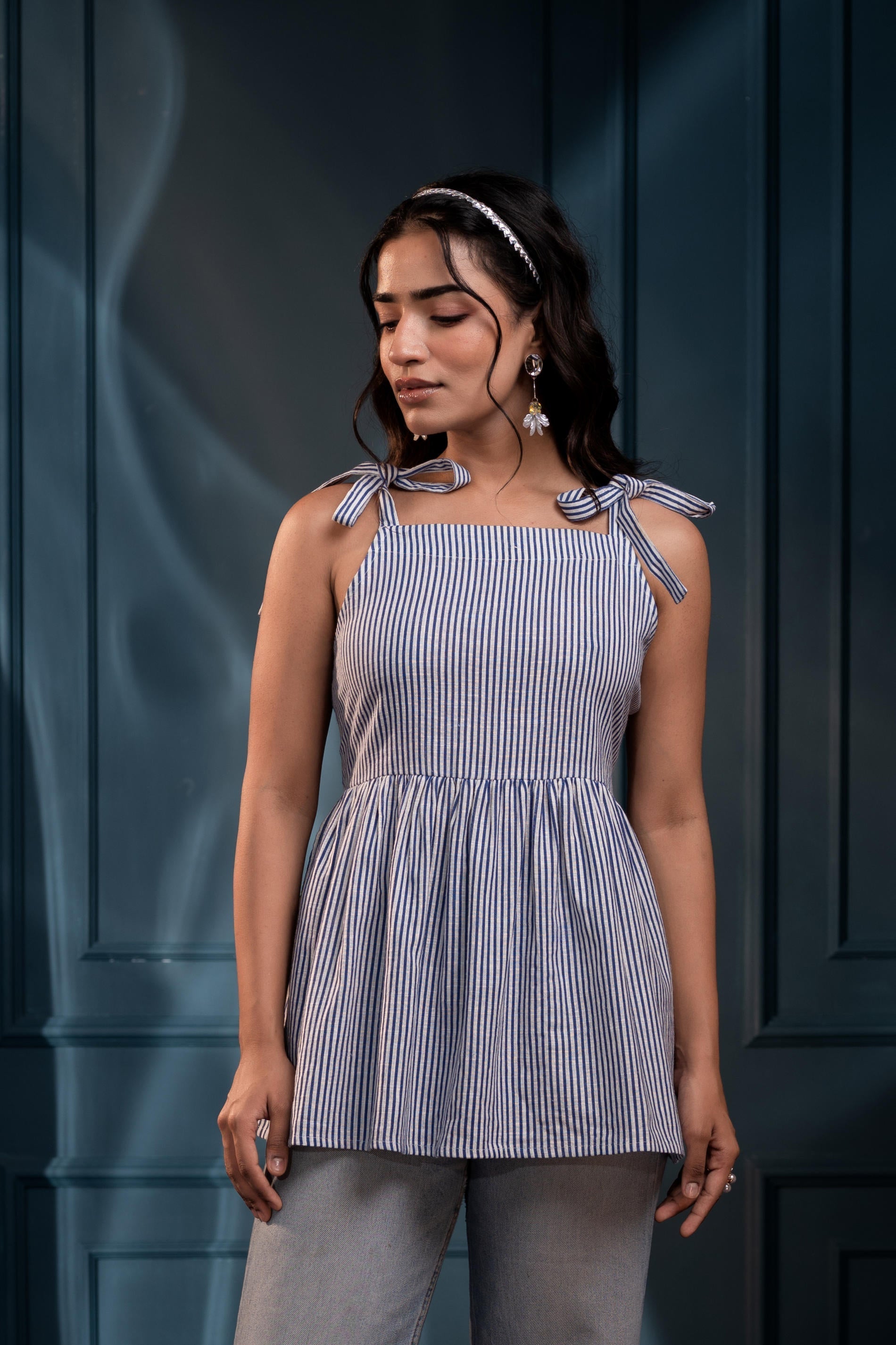 Juniper Women'S Blue & White Striped Flared Cotton Top | Grocsy