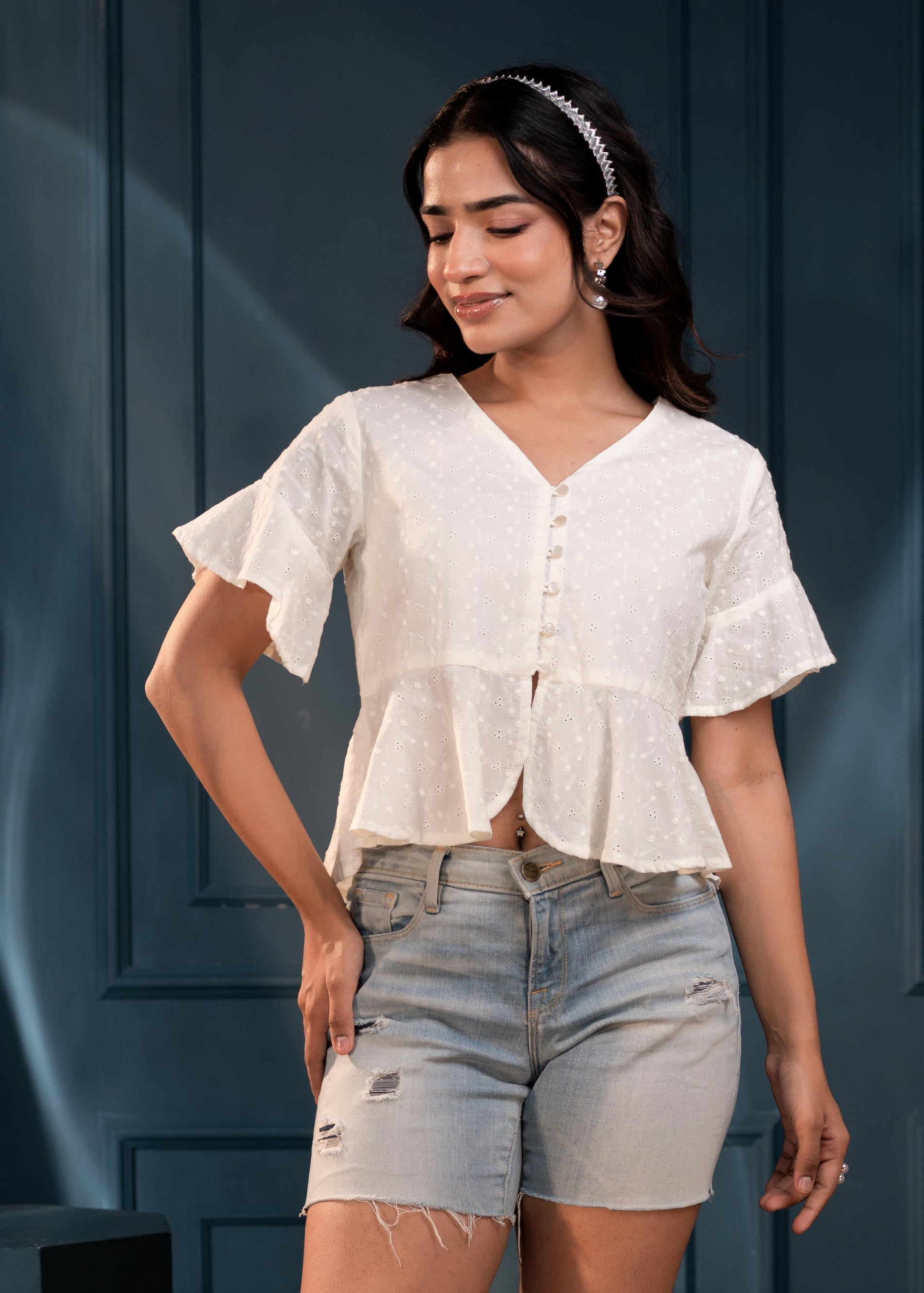 Juniper Women'S Off-White Embroidered Cotton Top With Schiffli And Thread Work | Grocsy