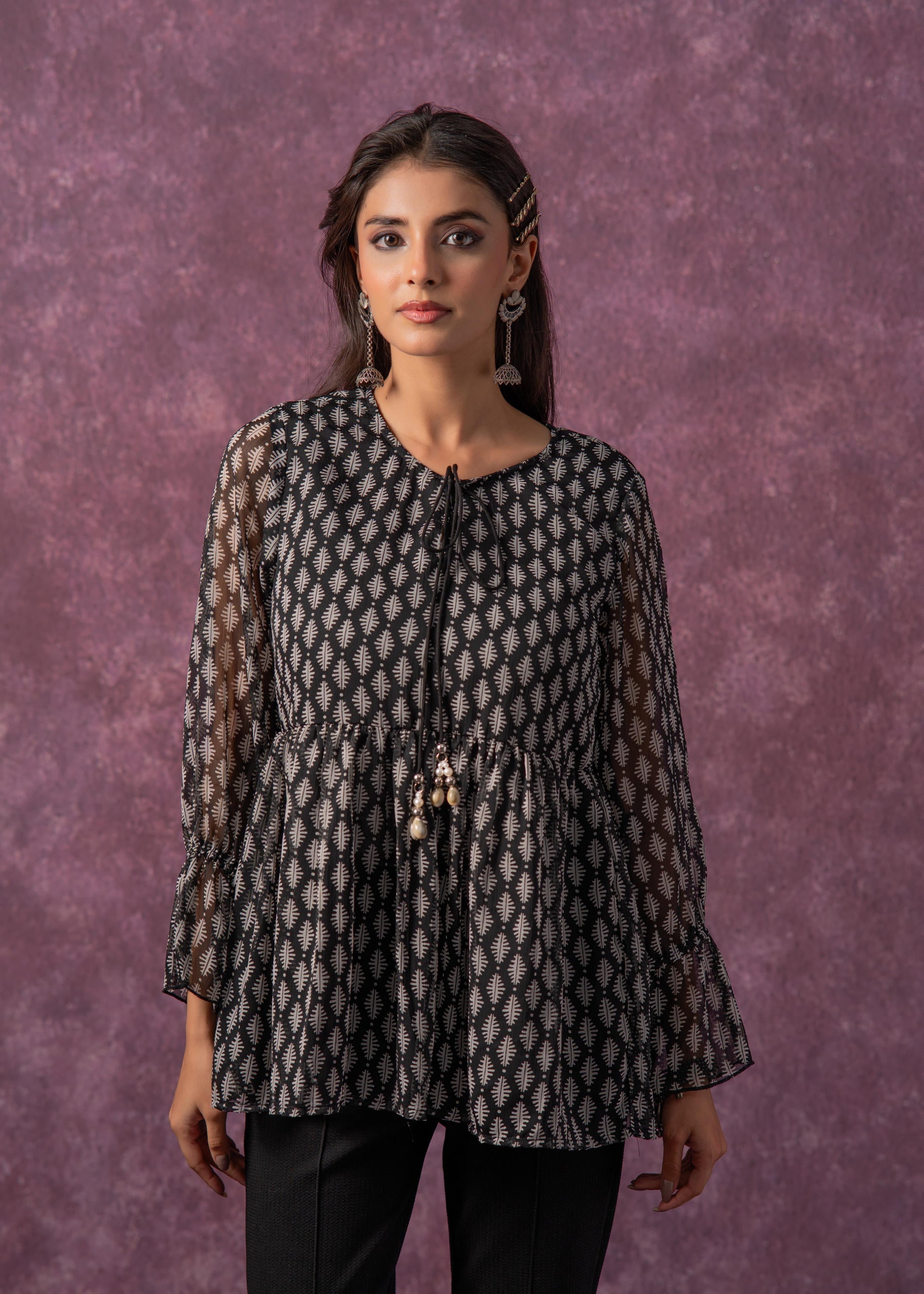 Juniper Women'S Black & White Ethnic Motifs Tunic With Dori, Kaudi & Munga Details | Grocsy