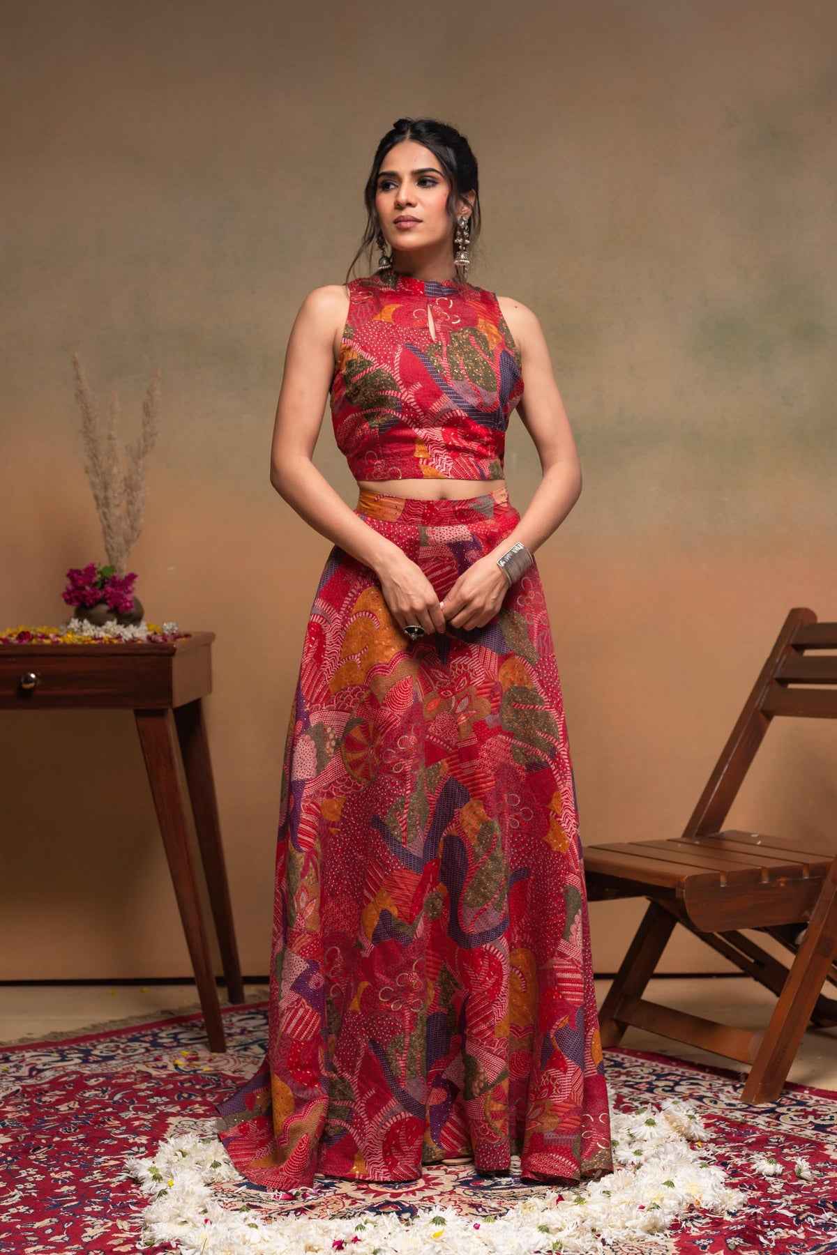 Juniper Women'S Red Ethnic Motifs Co-Ord Set With Turtle Neck Top & Flared Skirt | Grocsy